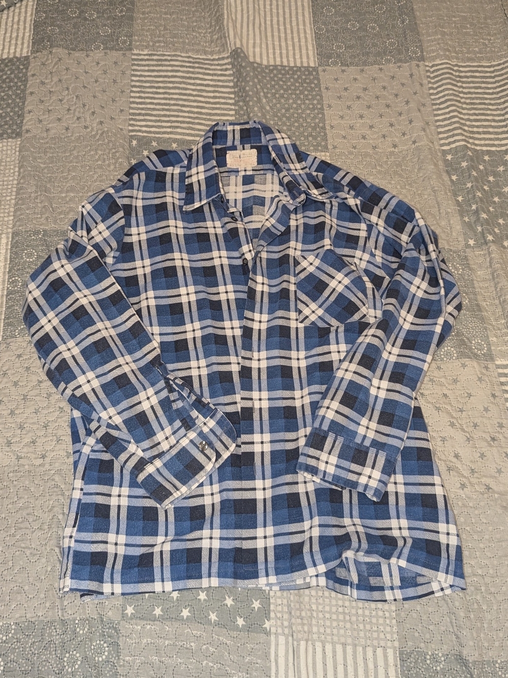 Retro Sears Blue Tartan Flannel Shirt Oversized XL